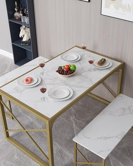 VECELO Kitchen Table with 2 Benches for 6,Wood Dining Room Dinette Sets with Metal Frame for Breakfast Nook and Small Space, 55", White&Gold - LeafyLoom