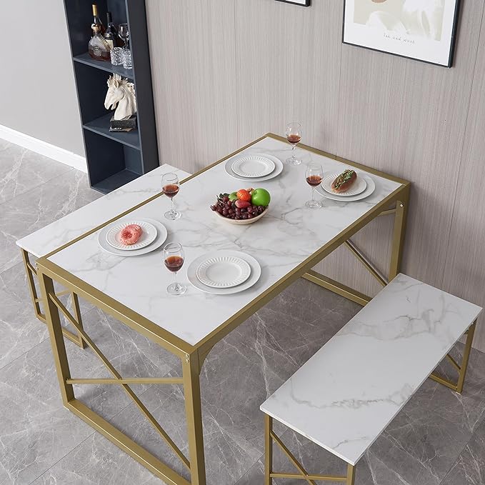 VECELO Kitchen Table with 2 Benches for 6,Wood Dining Room Dinette Sets with Metal Frame for Breakfast Nook and Small Space, 55", White&Gold - LeafyLoom