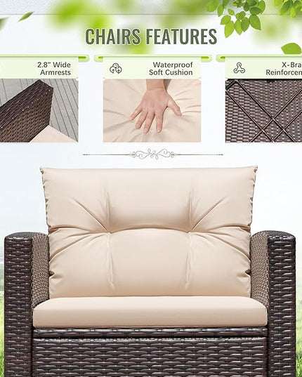 Greesum 3 Pieces Patio Furniture Sets Outdoor PE Rattan Wicker Chairs with Soft Cushion and Glass Coffee Table for Garden Backyard Porch Poolside, Beige - LeafyLoom