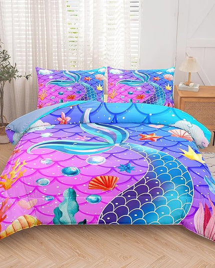 NINENINE Mermaid Tail Bedding Sets for Teens Girls,Purple Princess Comforter Sets Girls,Blue Glitter Bedding Sets,Sparkly Fish Scales Comforter Sets with 1 Comforter 2Pillowcases - LeafyLoom