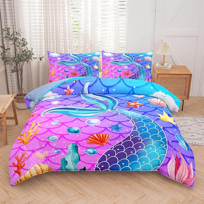 NINENINE Mermaid Tail Bedding Sets for Teens Girls,Purple Princess Comforter Sets Girls,Blue Glitter Bedding Sets,Sparkly Fish Scales Comforter Sets with 1 Comforter 2Pillowcases - LeafyLoom