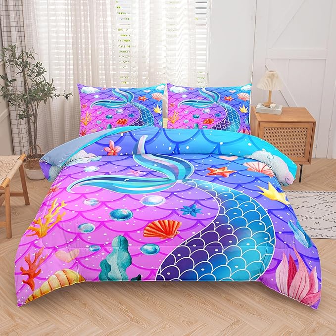 NINENINE Purple Mermaid Tail Comforter Sets for Girls,Twin Princess Bedding Sets for Teens Girls,Blue Glitter Comforter Sets,Sparkly Fish Scales Comforter Sets with 1 Comforter 1Pillowcase - LeafyLoom