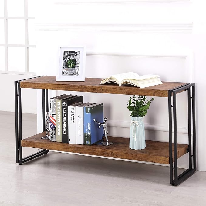2 Shelf Bookcase Small Display Book Shelf Rustic Industrial, Brown - LeafyLoom