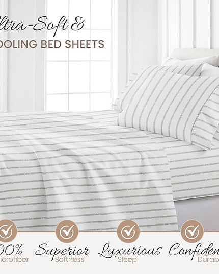Linen Market 4 Piece Full Bedding Sheet Set (Light Gray Lines) - Sleep Better Than Ever with These Ultra-Soft & Cooling Bed Sheets for Your Full Size Bed - Deep Pocket Fits 16" Mattress - LeafyLoom
