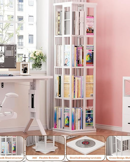 Aheaplus Rotating Bookshelf, Corner Bookshelf, 360 Display Wood Spinning Bookshelf, Floor Standing Bookcase Narrow Shelf Revolving Organizer Storage Rack for Small Space, Bedroom, Study Room, White - LeafyLoom