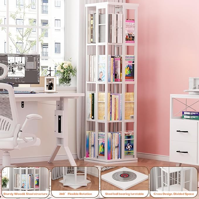 Aheaplus Rotating Bookshelf, Corner Bookshelf, 360 Display Wood Spinning Bookshelf, Floor Standing Bookcase Narrow Shelf Revolving Organizer Storage Rack for Small Space, Bedroom, Study Room, White - LeafyLoom