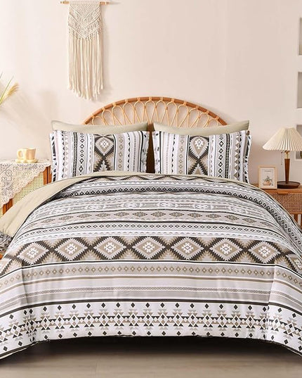 Dinjoy Khaki Aztec Comforter Set Queen Size,7 Pieces Bed in a Bag Queen Beige Boho Bedding Sets with Sheets Bohemian Geometric Striped Complete Set for All Seasons 90"x90" - LeafyLoom