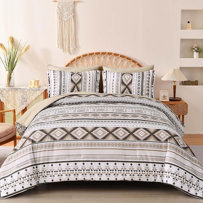 Khaki Aztec Comforter Set King,7 Pieces Bed in A Bag King Size Boho Striped Bedding Set Bohemian Patchwork Complete Set Geometric Pattern Comforters for Women Men 90"×104" - LeafyLoom