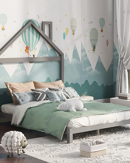 Jintop Full Size Wood Platform House-Shaped Headboard and Chimney,Bedroom Furniture Bed Frame W/ 10 Slat Support,Easy to Install,for Teens Kids Girls Boys,Gray - LeafyLoom