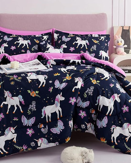 Mooreeke Kids Comforter Bed Set Full Size for s Girls, 8 Pieces Bed in a Bag with Shams, Sheet Set, Purple Pink Unicorn Full Soft Microfiber Kids Comforter Bedding Set - LeafyLoom