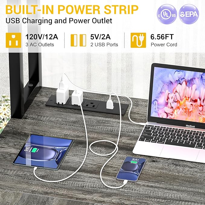 Aheaplus L Shaped Desk with Power Outlet, L Shaped Gaming Desk with Led Light & Hutch, Reversible Home Office Desk, Corner Computer Desk Writing Desk with Monitor Stand & Storage Shelves, Grey Oak - LeafyLoom