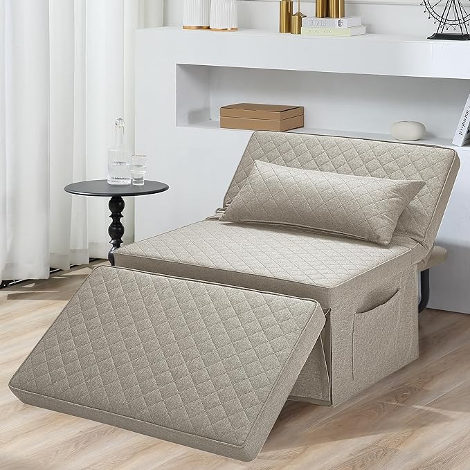 Sofa Bed, 4 in 1 Multi-Function Folding Ottoman Breathable Linen Couch Bed with Adjustable Backrest Modern Convertible Chair for Living Room Apartment Office,Squared-Linen Khaki - LeafyLoom