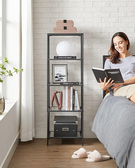 VASAGLE Bookcase, 5-Tier Bookshelf, Slim Shelving Unit for Bedroom, Bathroom, Home Office, Tempered Glass, Steel Frame, Ink Black ULGT029B61 - LeafyLoom