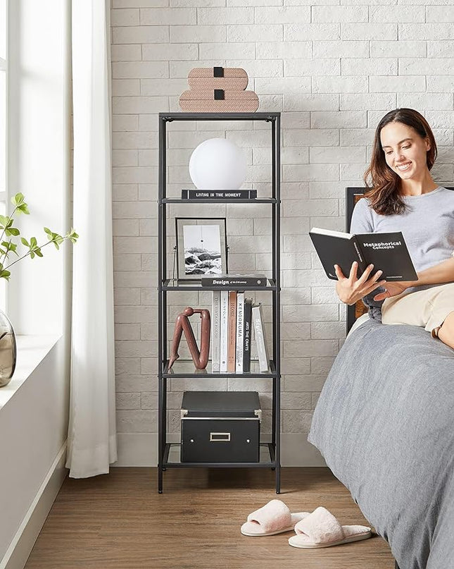 VASAGLE Bookcase, 5-Tier Bookshelf, Slim Shelving Unit for Bedroom, Bathroom, Home Office, Tempered Glass, Steel Frame, Ink Black ULGT029B61 - LeafyLoom
