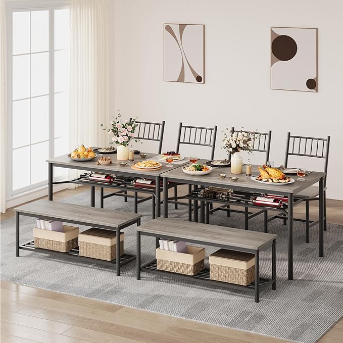 Dining Table Set for 4, Kitchen Table Chairs for 4 with Wine Rack, Dining Room Table Set with Sturdy Bench, Rectangular Kitchen Table Set for Small Space, Apartment, Studio, Rustic Gray - LeafyLoom