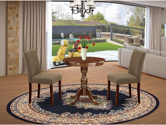 East West Furniture Eden 3 Piece Dinette Set for Small Spaces Contains a Round Table with Pedestal and 2 Coffee Linen Fabric Parson Dining Chairs, 30x30 Inch, ESAB3-MAH-18 - LeafyLoom