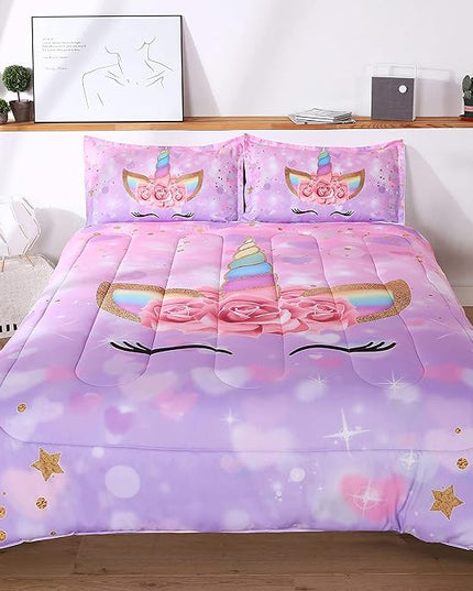Unicorn Kid's Comforter Set 3pc Pink Flower Girl Soft Unicorn Bedding Sets - LeafyLoom