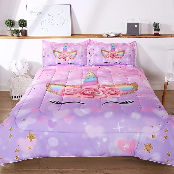 Unicorn Kid's Comforter Set 3pc Pink Flower Girl Soft Unicorn Bedding Sets - LeafyLoom