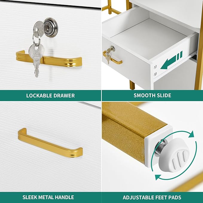 YITAHOME U Shaped Desk with Power Outlets & LED Lights, 79" Reversible L Shaped Desk with Drawers, Corner Computer Desk Office Desk with Monitor Stand & Storage Shelves, White & Gold - LeafyLoom