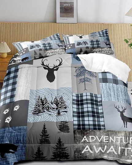 LUVIVIHOME 3PCS Rustic Cabin Comforter Set King Size, Black Bear Deer Elk Moose Woodland Forest Animals Wildlife Hunting Lodge Blue Plaid Country Farmhouse Bedding, Patchwork Quilt, 2 Pillow Shams - LeafyLoom