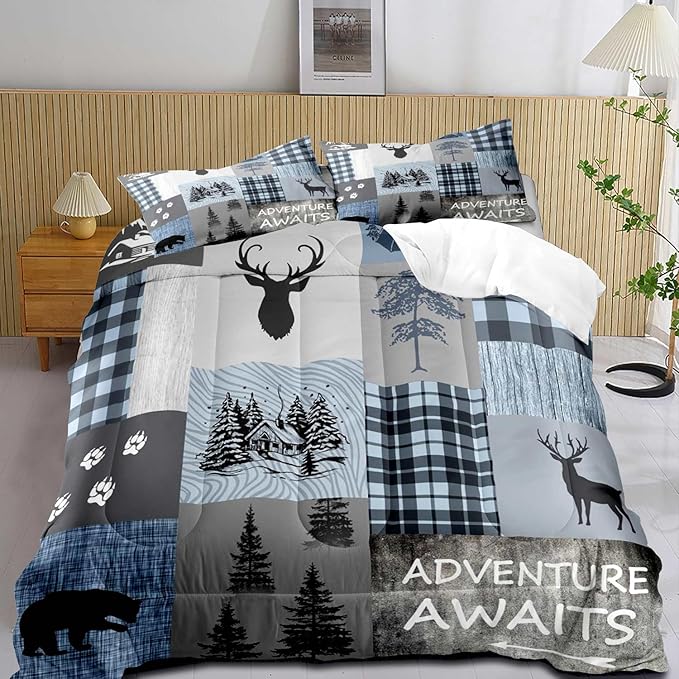 LUVIVIHOME 2PCS Rustic Cabin Comforter Set Twin, Black Bear Deer Elk Moose Woodland Forest Animals Wildlife Hunting Lodge Blue Plaid Country Farmhouse Bedding Sets, Patchwork Quilt, 1 Pillow Sham - LeafyLoom