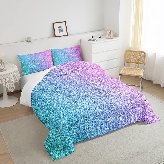 Colorful Glitter Bedding Full Girly Turquoise Teal Blue Pink Pastel Girls Comforter Set 3 Pcs Trendy Quilt Duvet for Kid Women Down Comforter with Sparkle Sequin Pattern Bling Bedroom Decor Bed Cover - LeafyLoom