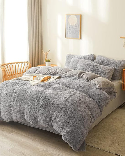 FOPPA Gray fluffy Comforter Cover Set king- Ultra Soft fluffy gray Bedding Sets 3 Pieces (1 Duvet Cover + 2 Pillow case) pink fluffy bed set (Gray, King) - LeafyLoom