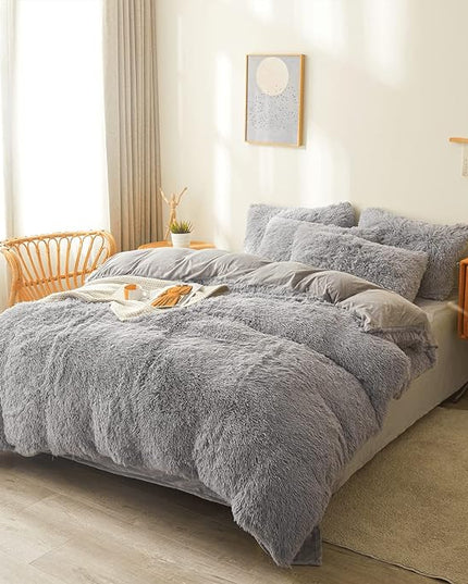 FOPPA Gray Fuzzy Plush Comforter Cover Set Queen - Ultra Soft Plush Gray Bedding Sets 3 Pieces (1 Faux Fur Duvet Cover + 2 Shaggy Pillow case) Fluffy Bed Set (Gray, Queen) - LeafyLoom