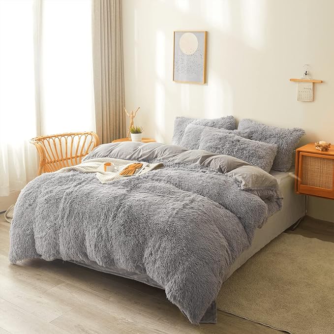 FOPPA Gray Fuzzy Plush Comforter Cover Set Queen - Ultra Soft Plush Gray Bedding Sets 3 Pieces (1 Faux Fur Duvet Cover + 2 Shaggy Pillow case) Fluffy Bed Set (Gray, Queen) - LeafyLoom