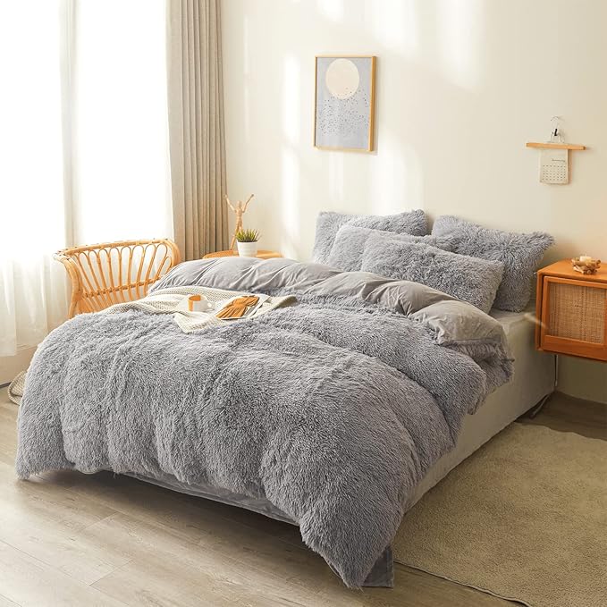 Fluffy gray comforters Cover twin size - Ultra Soft Plush gray bedding Sets 2 Pieces (1 faux fur comforter Cover + 1 fuzzy pillow case) girls shaggy gray twin bed set (Gray, Twin) - LeafyLoom