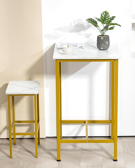 Finnhomy Bar Table, 23.6" Pub Table High Top Table, Square Bar Height Table, Counter Height Cocktail Table, Small Kitchen Table Set for 2, Breakfast for Kitchen, Living Room, White Marble and Gold - LeafyLoom