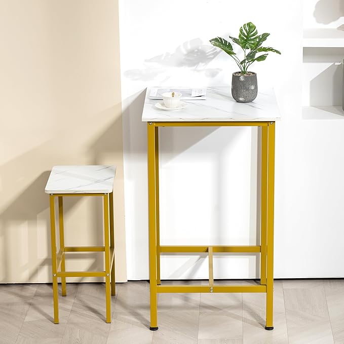 Finnhomy Bar Table, 23.6" Pub Table High Top Table, Square Bar Height Table, Counter Height Cocktail Table, Small Kitchen Table Set for 2, Breakfast for Kitchen, Living Room, White Marble and Gold - LeafyLoom