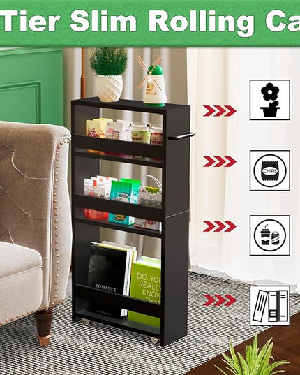 MARTY Slim Rolling Storage Cart 4-Tier Kitchen Cart on Wheels, Laundry Room Storage with Handle Slide Out Utility Cart Shelving Unit Organizer Trolley for Narrow Places Bathroom Small Corner, Black - LeafyLoom