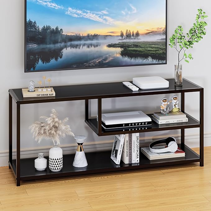 HOME BI TV Stand for 50 55 Inch TV, Entertainment Center with Storage, Wood TV Console for Living Room, TV Cabinet with Metal Frame, Black - LeafyLoom