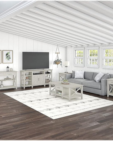 Bush Furniture Key West Tall TV Stand for 65 Inch TV in Linen White Oak, Farmhouse Entertainment Center with Storage - LeafyLoom