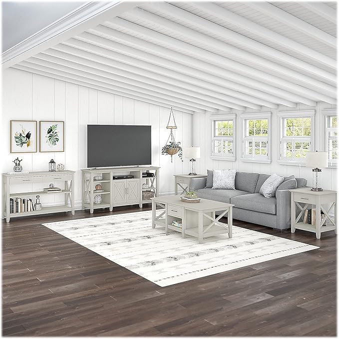 Bush Furniture Key West Tall TV Stand for 65 Inch TV in Linen White Oak, Farmhouse Entertainment Center with Storage - LeafyLoom
