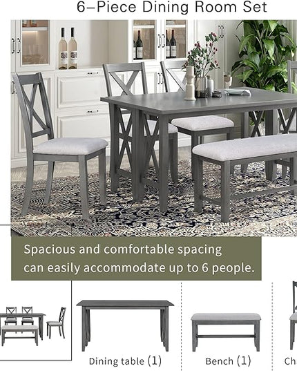 Dining Table Set for 6, 6-Piece Foldable Dining Room Set, Solid Wood Foldable Table and 4 Chairs with Bench for Dining Room, Living Room, Grey - LeafyLoom