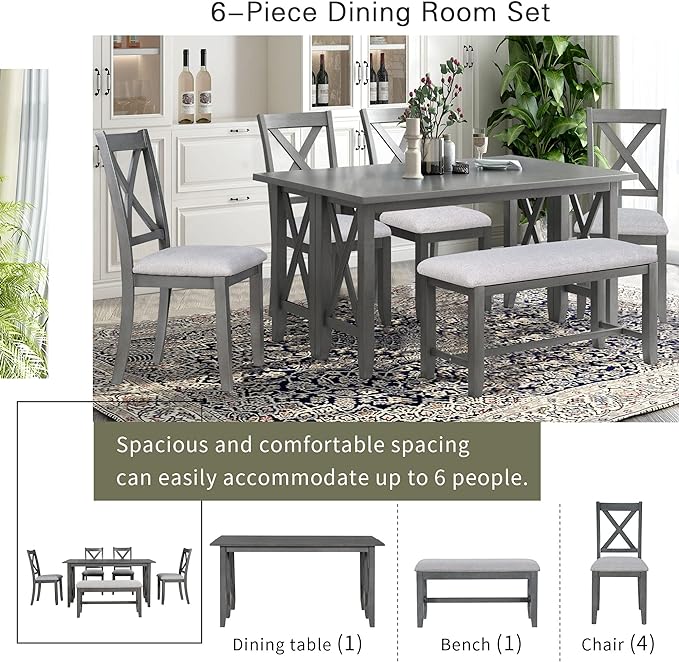 Dining Table Set for 6, 6-Piece Foldable Dining Room Set, Solid Wood Foldable Table and 4 Chairs with Bench for Dining Room, Living Room, Grey - LeafyLoom