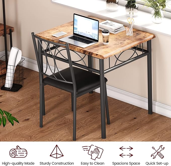 Dining Table Set for 2, 3 Piece Kitchen Table Set with 2 Upholstered Chairs, Square Kitchen Table Set for Small Space, Apartment, Dining Room, Retro Brown - LeafyLoom