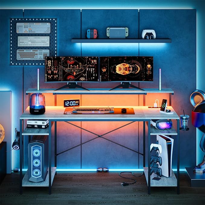 Bestier Computer Desk with Reversible Power Outlets, 55 inch LED Gaming Desk with Monitor Stand & Adjustable Shelves, Writing Desk with Cup Holder & Hook for Home Office, Retro Grey Oak-Light - LeafyLoom