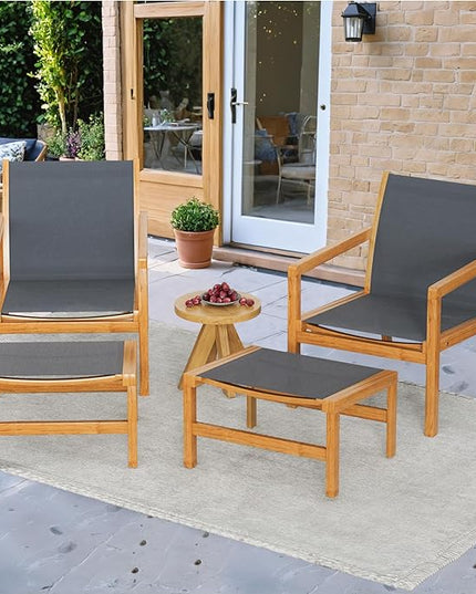 Greesum 4 Piece Furniture Outdoor Acacia Wood Chair with Ottoman for Porch, Balcony, Deck, Patio, Backyard, Gray - LeafyLoom