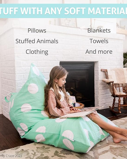 Butterfly Craze Bean Bag Chair Cover, Functional Toddler Toy Organizer, Fill with Stuffed Animals to Create a Jumbo, Comfy Floor Lounger for Boys or Girls, Stuffing Not Included, Aqua Polka Dots - LeafyLoom