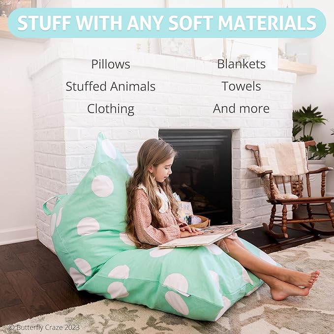 Butterfly Craze Bean Bag Chair Cover, Functional Toddler Toy Organizer, Fill with Stuffed Animals to Create a Jumbo, Comfy Floor Lounger for Boys or Girls, Stuffing Not Included, Aqua Polka Dots - LeafyLoom