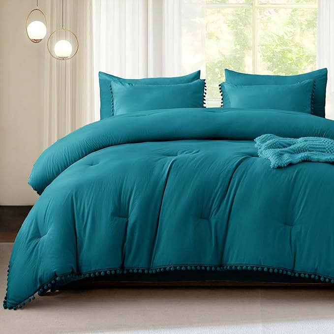 Litanika King Size Comforter Set Turquoise,3 Pieces Turquoise Boho Pom Pom Lightweight Bed Comforter, All Season Soft Solid Color Bedding Comforter Sets (1 Comforter 104x90 Inch, 2 Pillowcases) - LeafyLoom