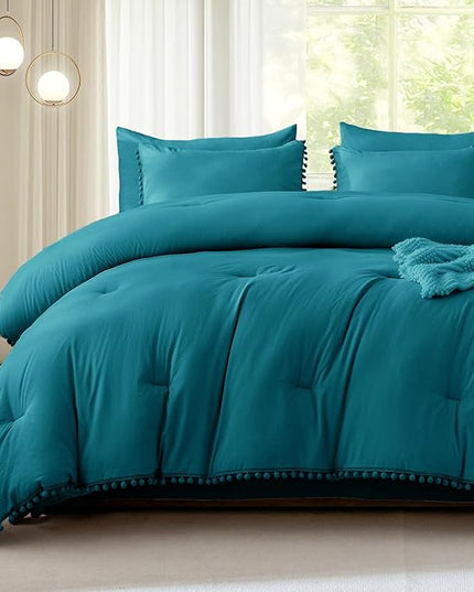 Litanika Queen Size Comforter Set Turquoise,3 Pieces Turquoise Boho Pom Pom Lightweight Bed Comforter, All Season Soft Solid Color Bedding Comforter Sets (1 Comforter 90x90 Inch, 2 Pillowcases) - LeafyLoom