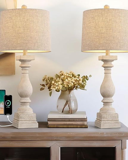 BOBOMOMO 27" Table Lamp with USB C+A Charging Ports Set of 2 Antique Nightstand Lamp for Bedroom Living Room Farmhouse Office Retro Rustic Resin Bedside Desk Lamps Washed White - LeafyLoom
