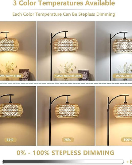 Arc Floor Lamps for Living Room Rattan Boho Floor Lamp with Remote Control,Dimmable LED Floor Lamp Wicker Lamp Shades Black Standing Lamp with 3 Color Temperature Tall Floor Lamp For Bedroom Corner - LeafyLoom