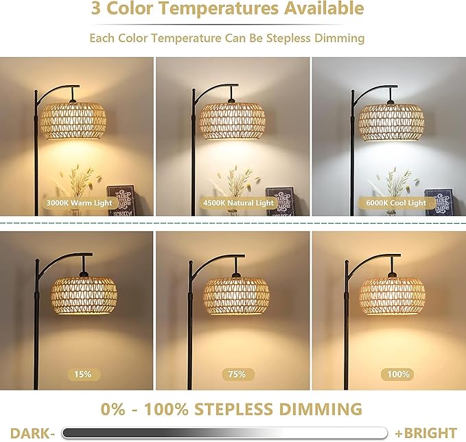Arc Floor Lamps for Living Room Rattan Boho Floor Lamp with Remote Control,Dimmable LED Floor Lamp Wicker Lamp Shades Black Standing Lamp with 3 Color Temperature Tall Floor Lamp For Bedroom Corner - LeafyLoom