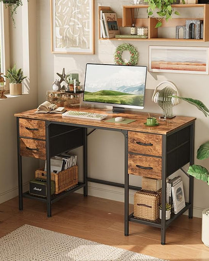 47 Inch Computer Desk with 4 Drawers, Office Desk with Mesh Shelf, Gaming Desk, Large Storage, Writing Desk Work Desk for Home Office, Study, Bedroom, Work from Home, Rustic Brown - LeafyLoom