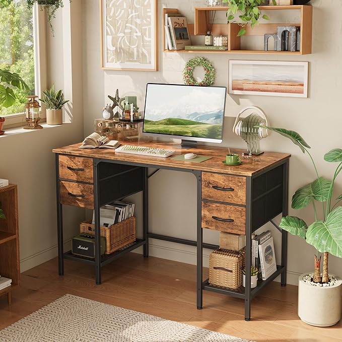 47 Inch Computer Desk with 4 Drawers, Office Desk with Mesh Shelf, Gaming Desk, Large Storage, Writing Desk Work Desk for Home Office, Study, Bedroom, Work from Home, Rustic Brown - LeafyLoom